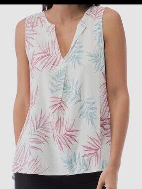 B  Collection By Bobeau Sleeveless V-Neck Tropical  White with Pink & Light Blue
